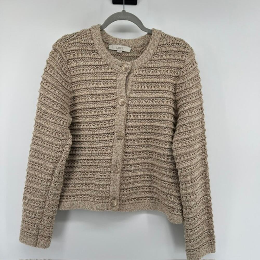 LOFT Chunky Knit Cardigan Sweater Womens L Oatmeal Beige Gold Buttons Cottage